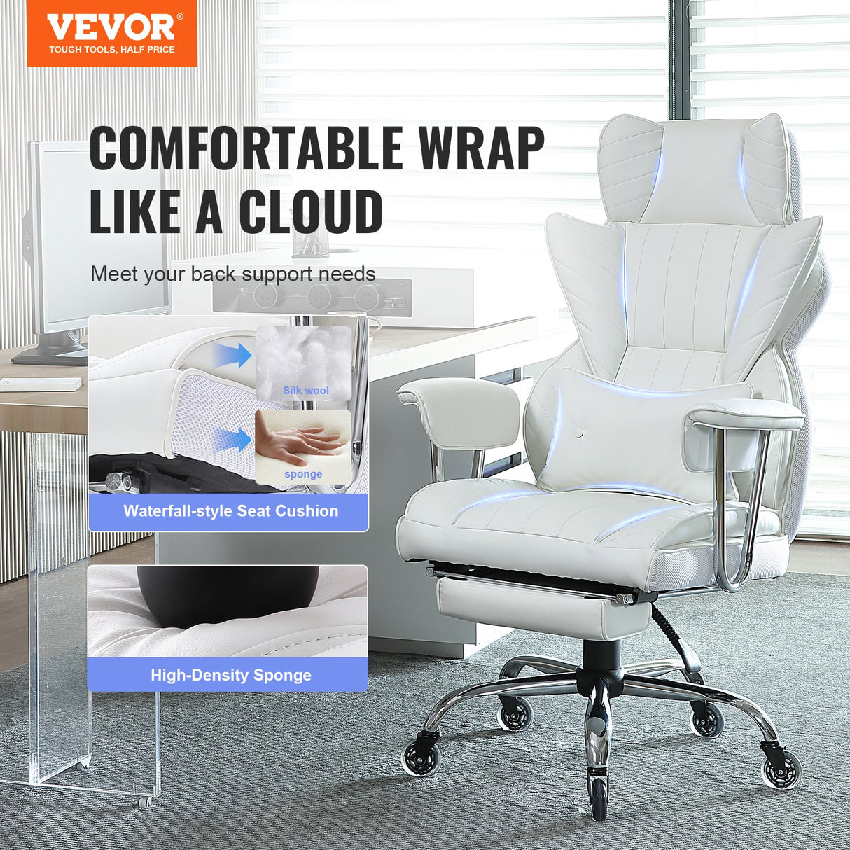 VEVOR Reclining Office Chair with Footrest Heavy Duty PU Leather Wide Office Chair Big and Tall Executive Office Chairs with Lumbar Support Strong Metal Base Quiet Wheels White