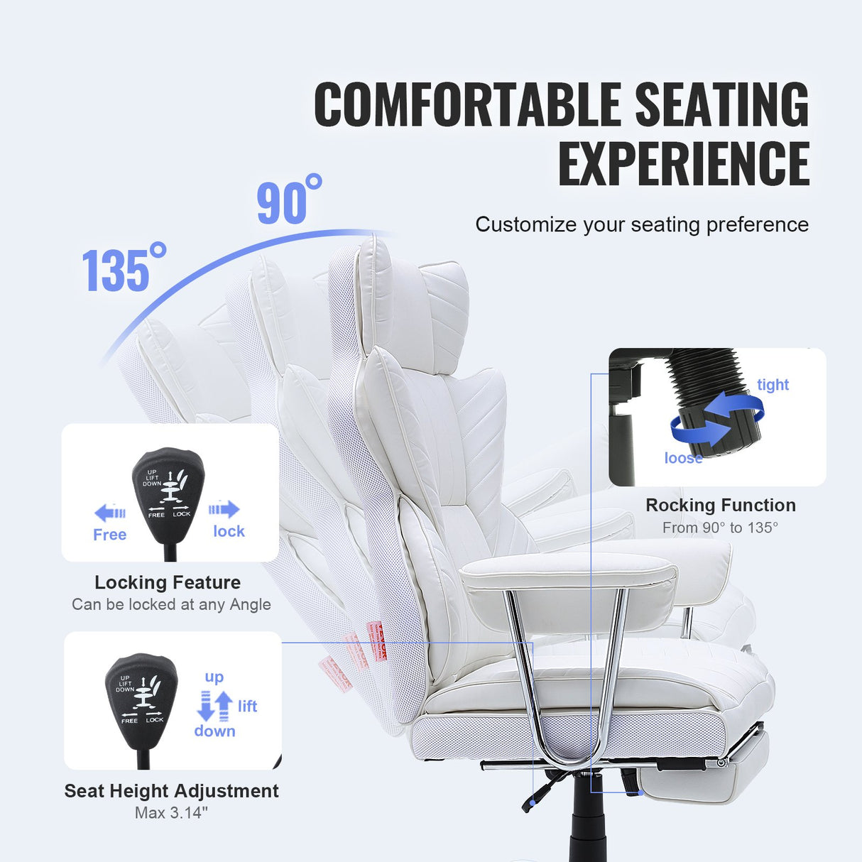 VEVOR Reclining Office Chair with Footrest Heavy Duty PU Leather Wide Office Chair Big and Tall Executive Office Chairs with Lumbar Support Strong Metal Base Quiet Wheels White