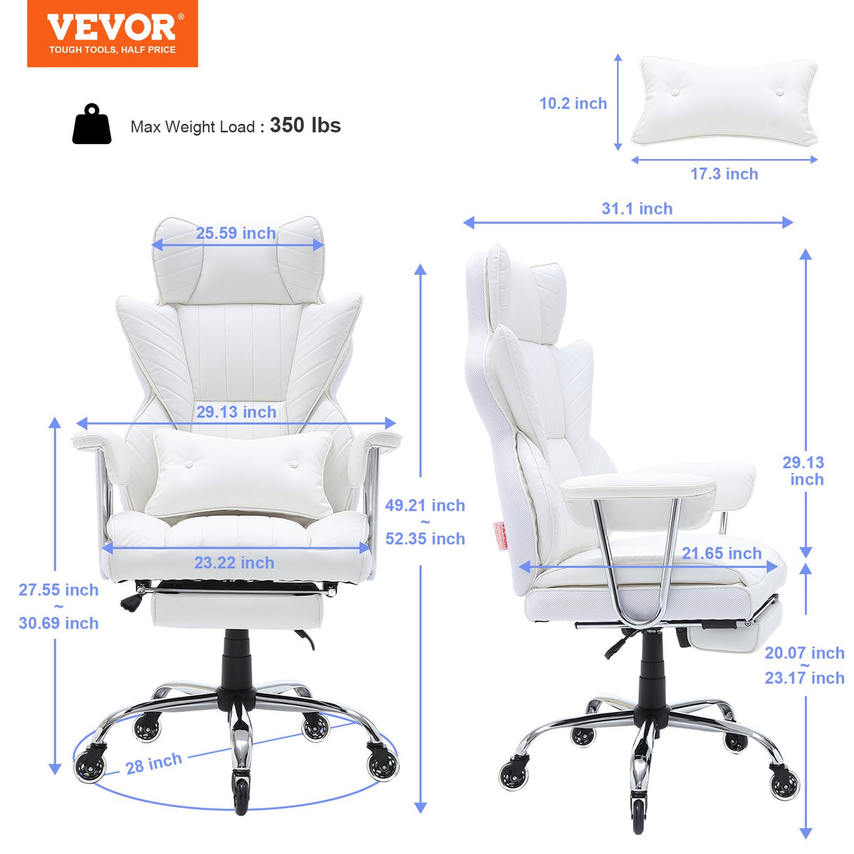 VEVOR Reclining Office Chair with Footrest Heavy Duty PU Leather Wide Office Chair Big and Tall Executive Office Chairs with Lumbar Support Strong Metal Base Quiet Wheels White