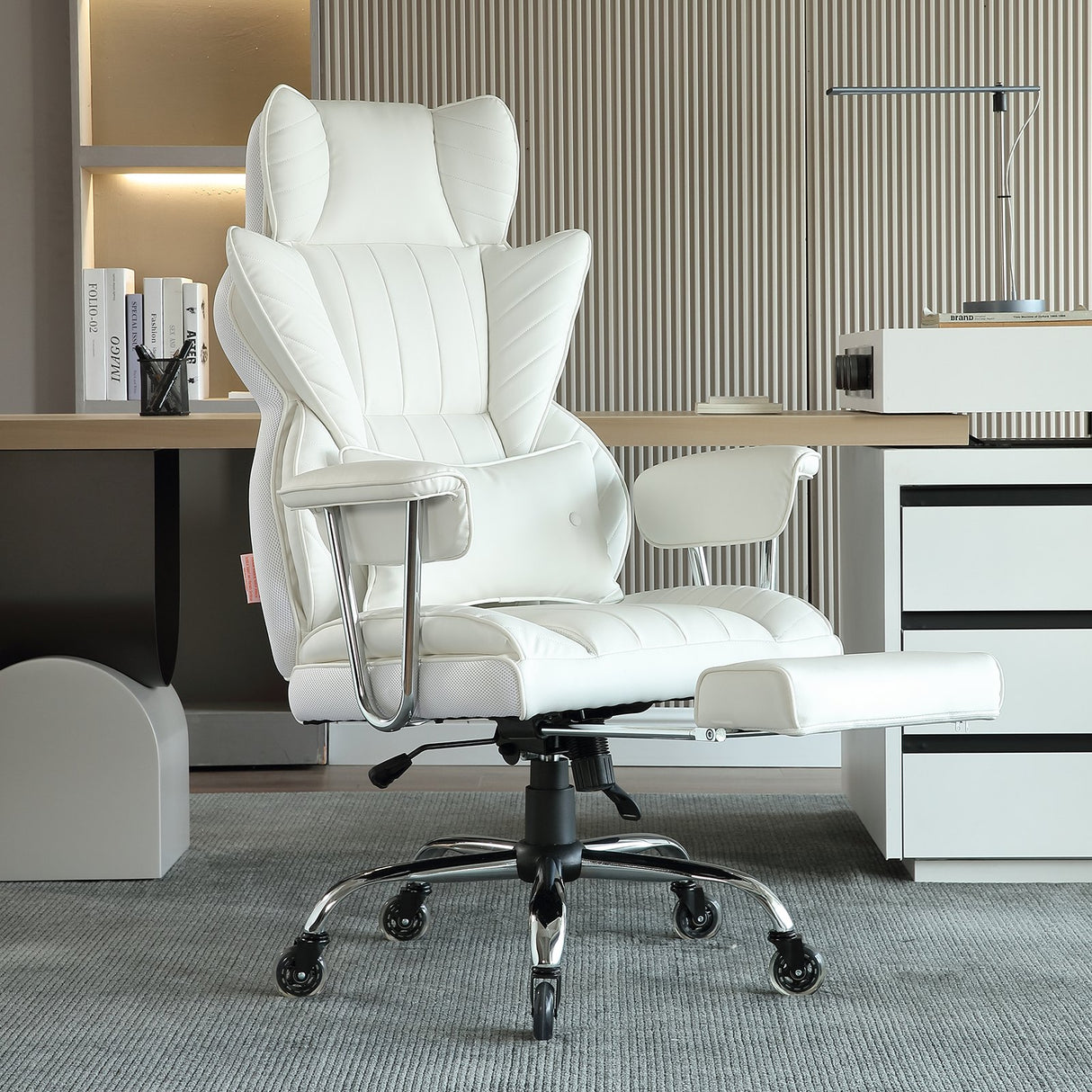 VEVOR Reclining Office Chair with Footrest Heavy Duty PU Leather Wide Office Chair Big and Tall Executive Office Chairs with Lumbar Support Strong Metal Base Quiet Wheels White