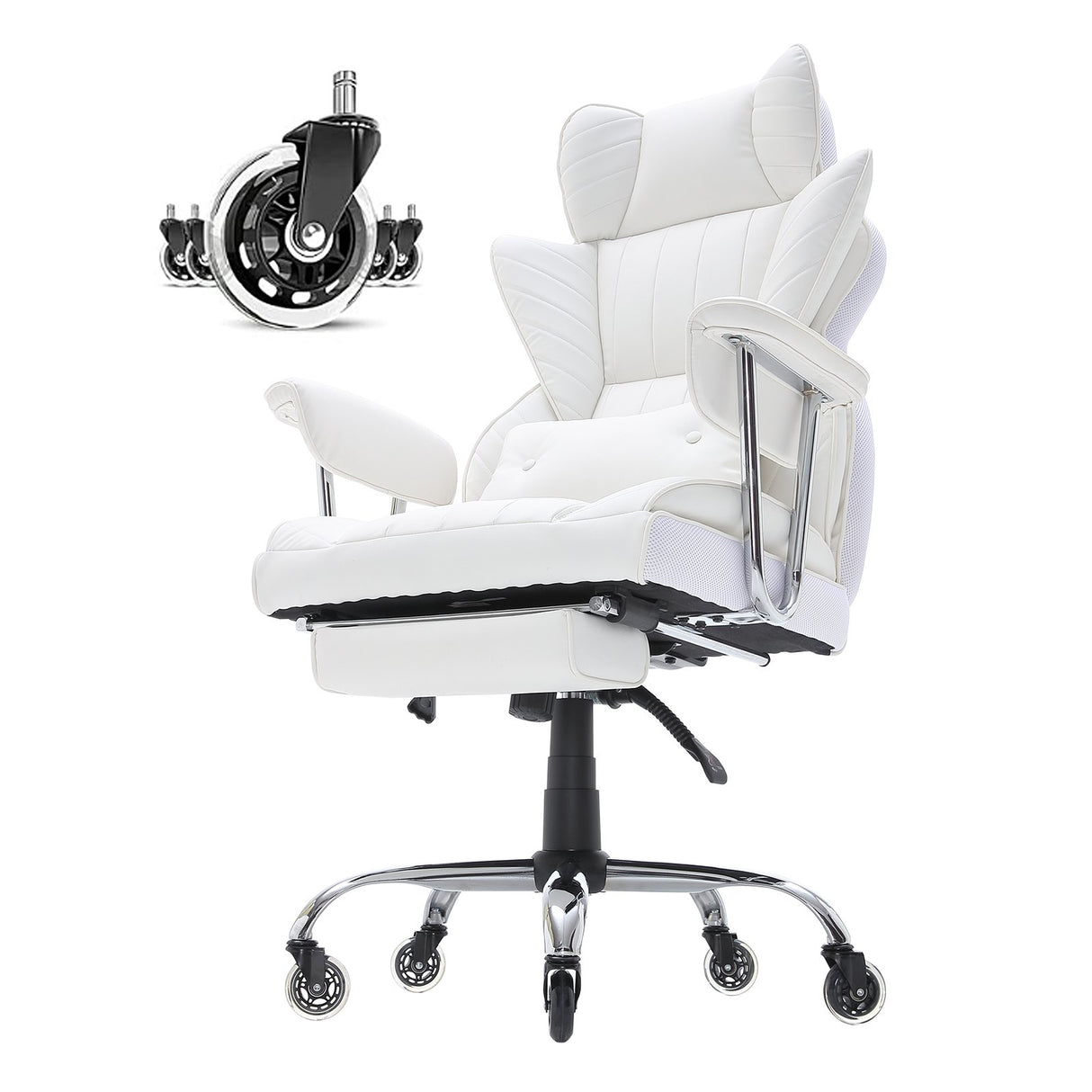 VEVOR Reclining Office Chair with Footrest Heavy Duty PU Leather Wide Office Chair Big and Tall Executive Office Chairs with Lumbar Support Strong Metal Base Quiet Wheels White