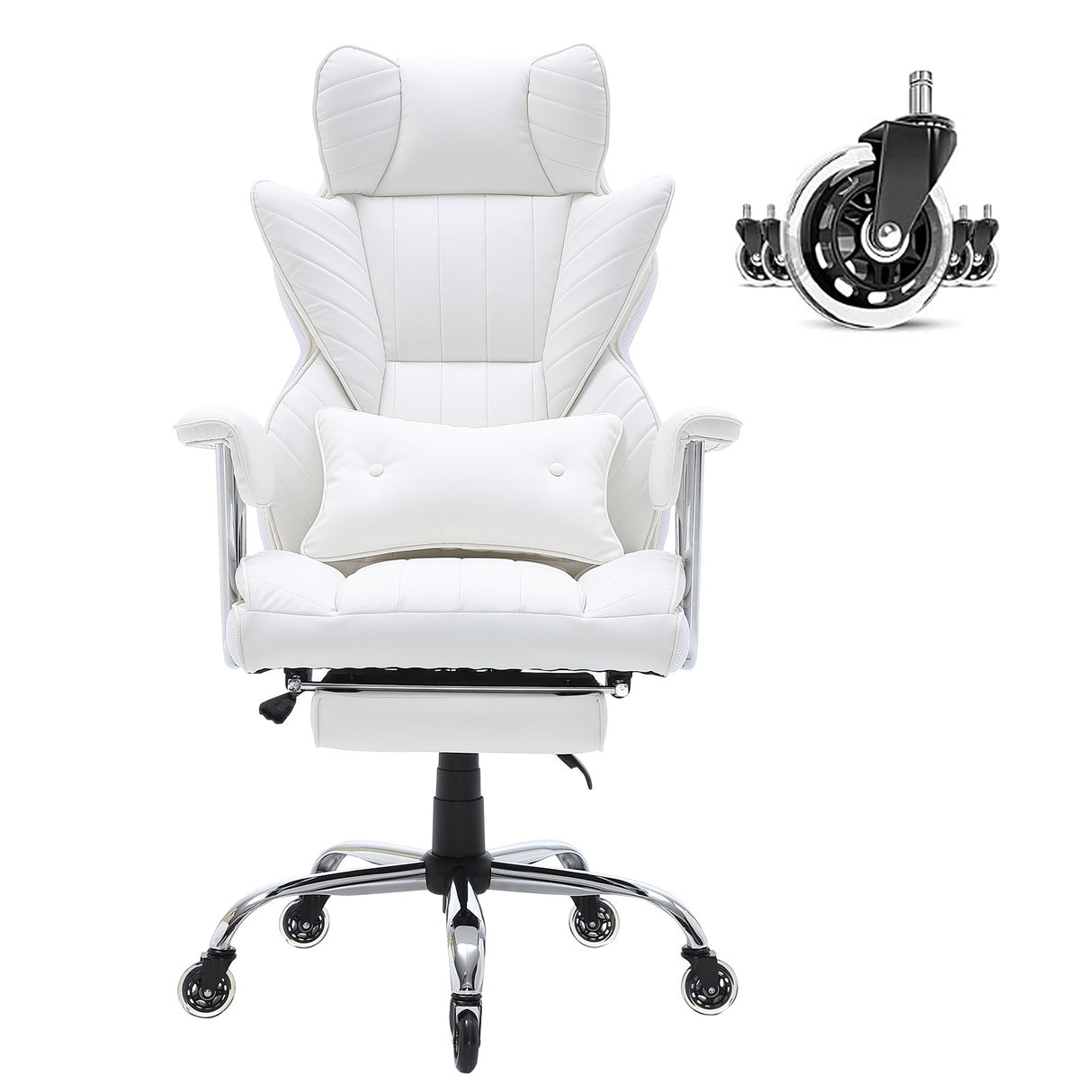 VEVOR Reclining Office Chair with Footrest Heavy Duty PU Leather Wide Office Chair Big and Tall Executive Office Chairs with Lumbar Support Strong Metal Base Quiet Wheels White