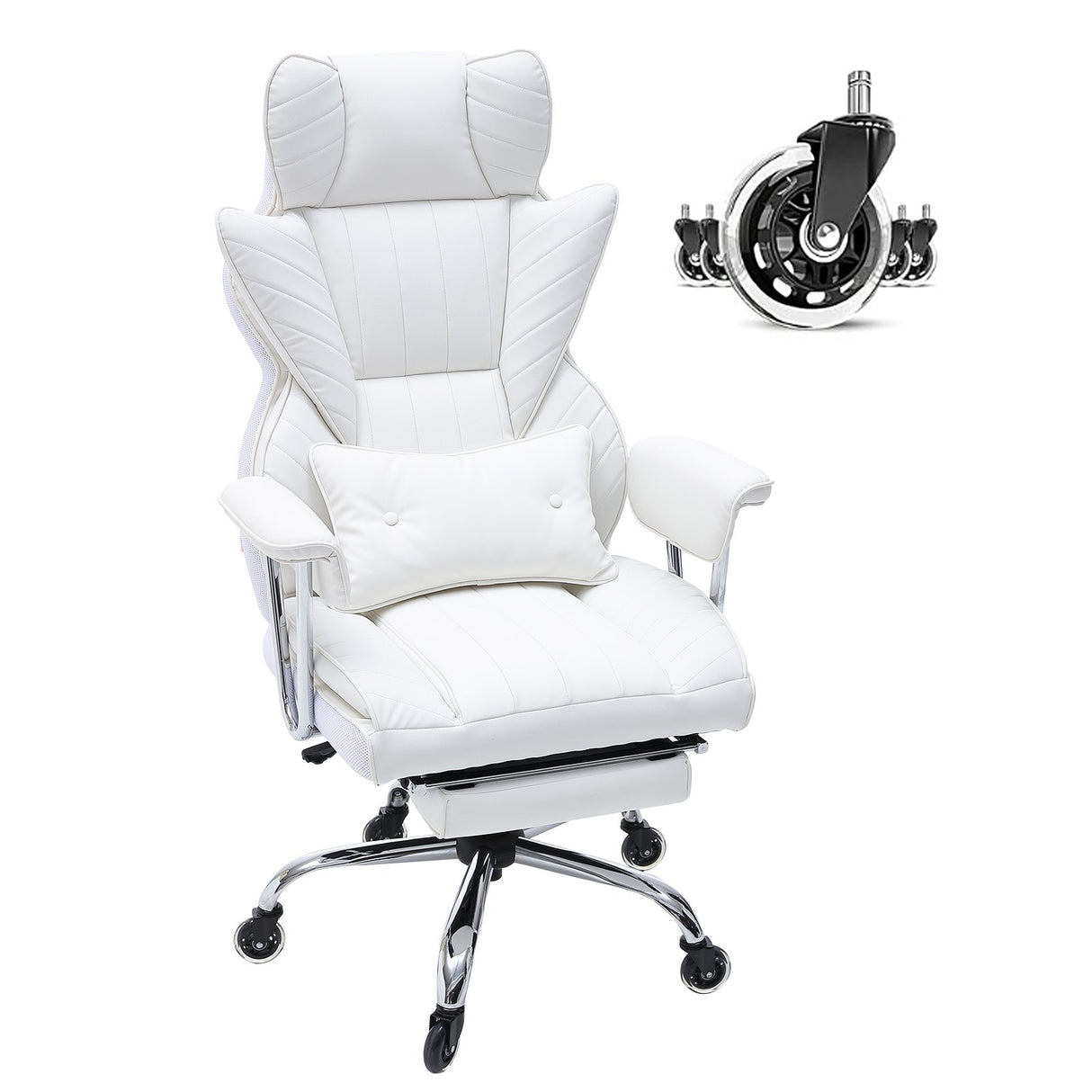VEVOR Reclining Office Chair with Footrest Heavy Duty PU Leather Wide Office Chair Big and Tall Executive Office Chairs with Lumbar Support Strong Metal Base Quiet Wheels White