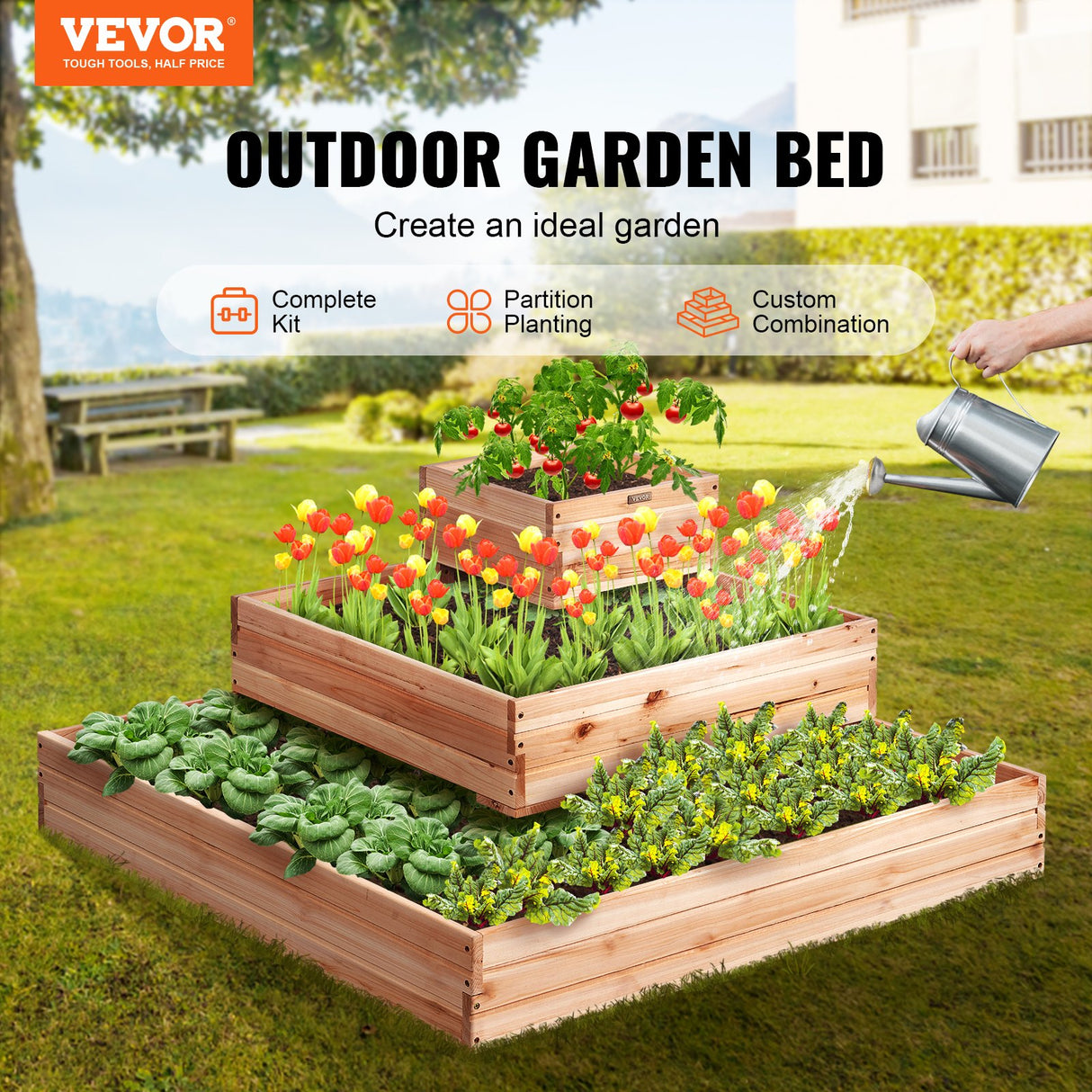 VEVOR Wooden Raised Garden Bed Planter Box 113 x 113 x 51 cm Flower Vegetable Herb