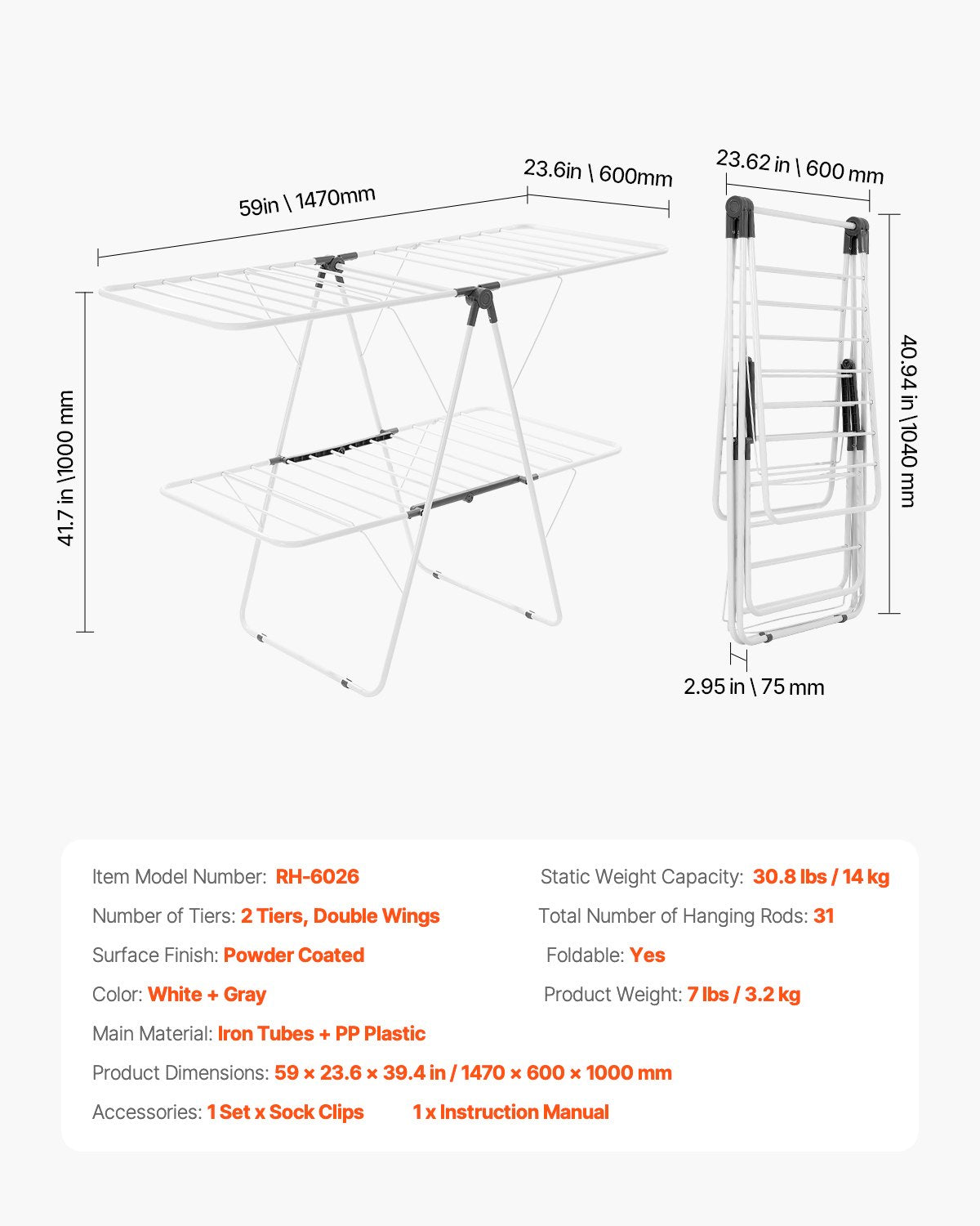 VEVOR 2-Tier Foldable Clothes Drying Rack with Sock Clips & 31 Drying Rods White