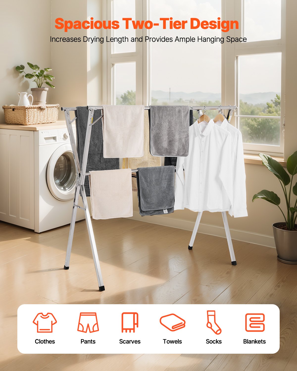 VEVOR 2-Tier Telescopic Clothes Drying Rack w/ 30 Windproof Holes & 2 Shoe Hooks