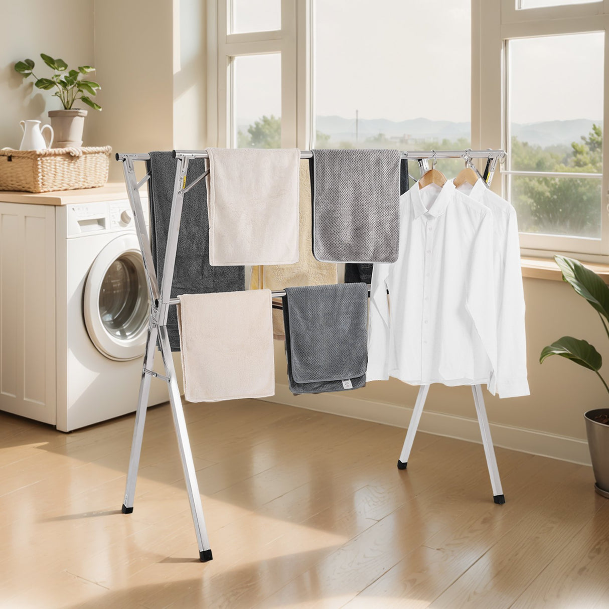 VEVOR 2-Tier Telescopic Clothes Drying Rack w/ 30 Windproof Holes & 2 Shoe Hooks