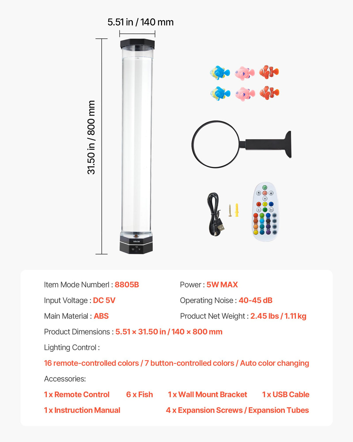 VEVOR Bubble Tube Lamp 16 Color 80 cm Sensory Aquarium Lamp for Relief Calming