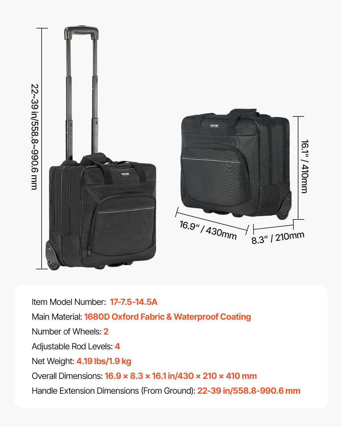 VEVOR Rolling Laptop Bag 39.62 cm Wheeled Computer Bag for Women & Men Black