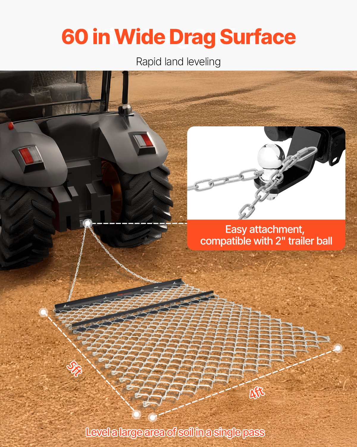 VEVOR Drag Harrow 4 x 5 ft Chain Harrow Lawn Rake ATV UTV Tractor Attachments