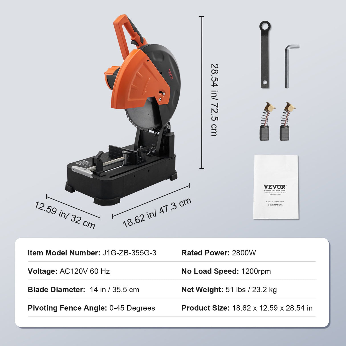 VEVOR Chop Saw, 14"/355mm Blade Diameter Cut Off Saw, 2800W 1200RPM Steel Cutting Machine, Adjustable Dry Cut Chop Saw, Miter Saw for Cutting Metal