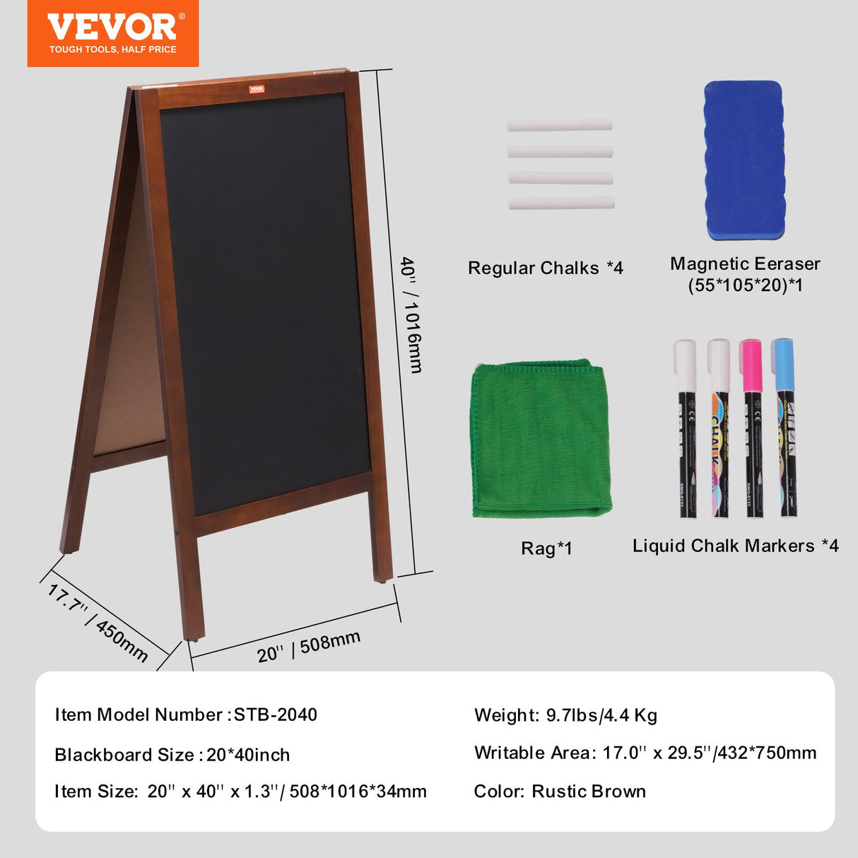 VEOVR A Frame Chalkboard Sign, 50x102 cm Double-Sided Sidewalk Signs, Freestanding Vintage Wooden Chalk Board with Chalks & Magnetic Eraser, Rustic