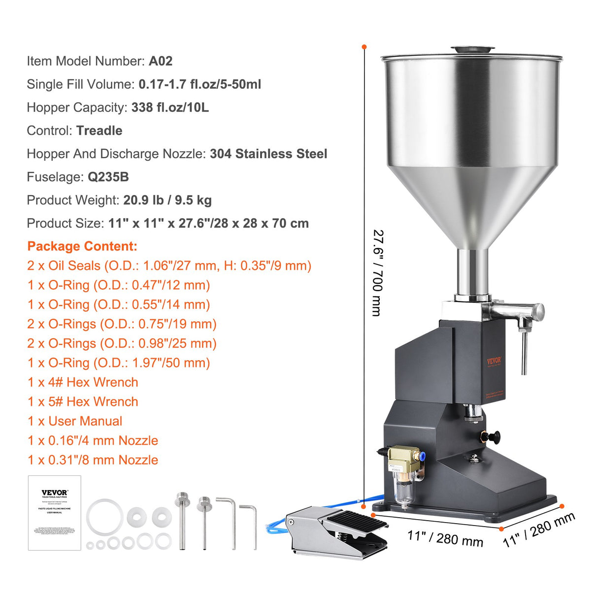 VEVOR Pneumatic Paste Liquid Filling Machine, 5-50ml Bottle Filler, Bottle Filling Machine, Stainless Steel Liquid Filler with Pedal for Milk Water Juice Essential Oil Shampoo Cosmetic Honey Lotion