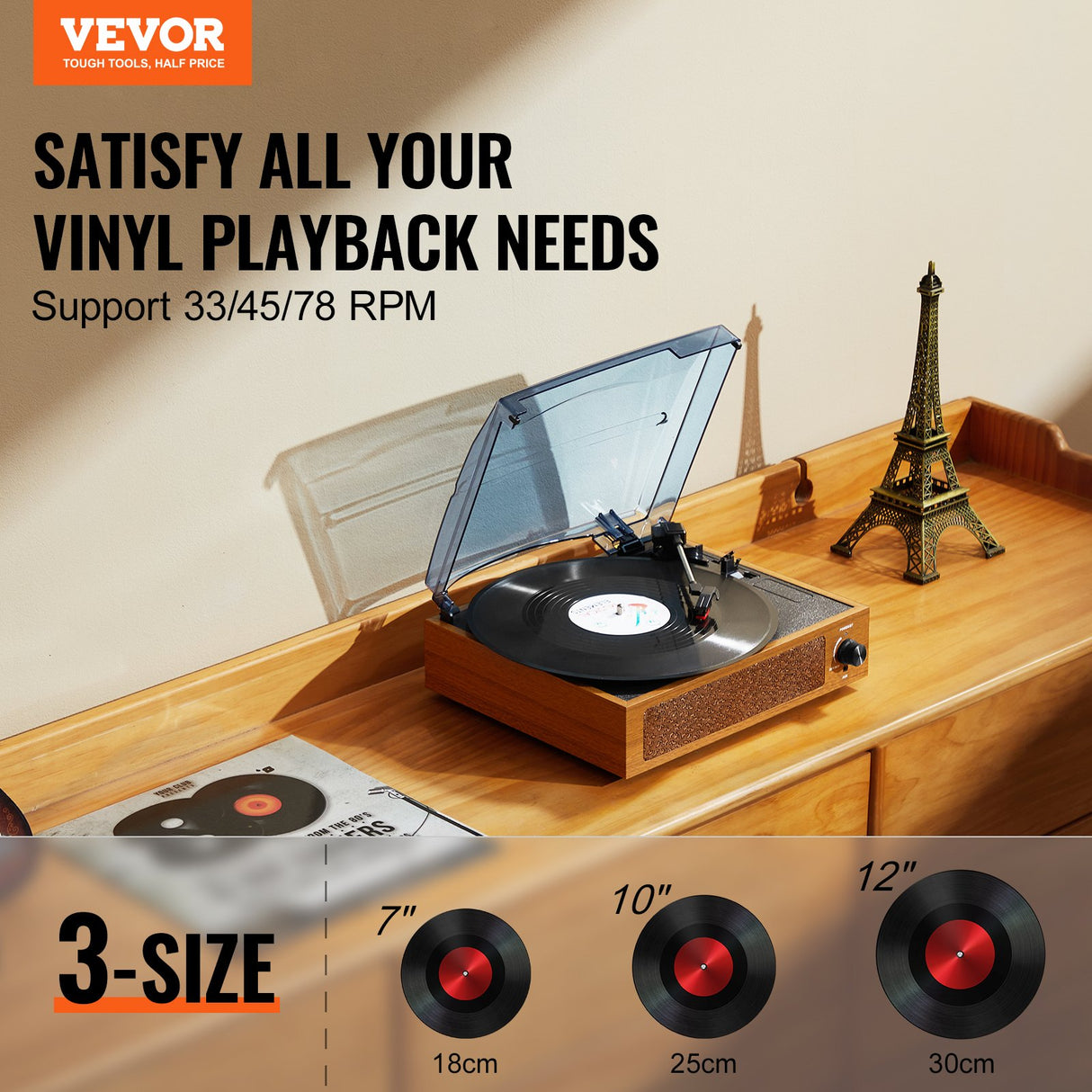 VEVOR Bluetooth Vinyl Record Player 3-Speed Belt Driven Turntable 3W Speakers