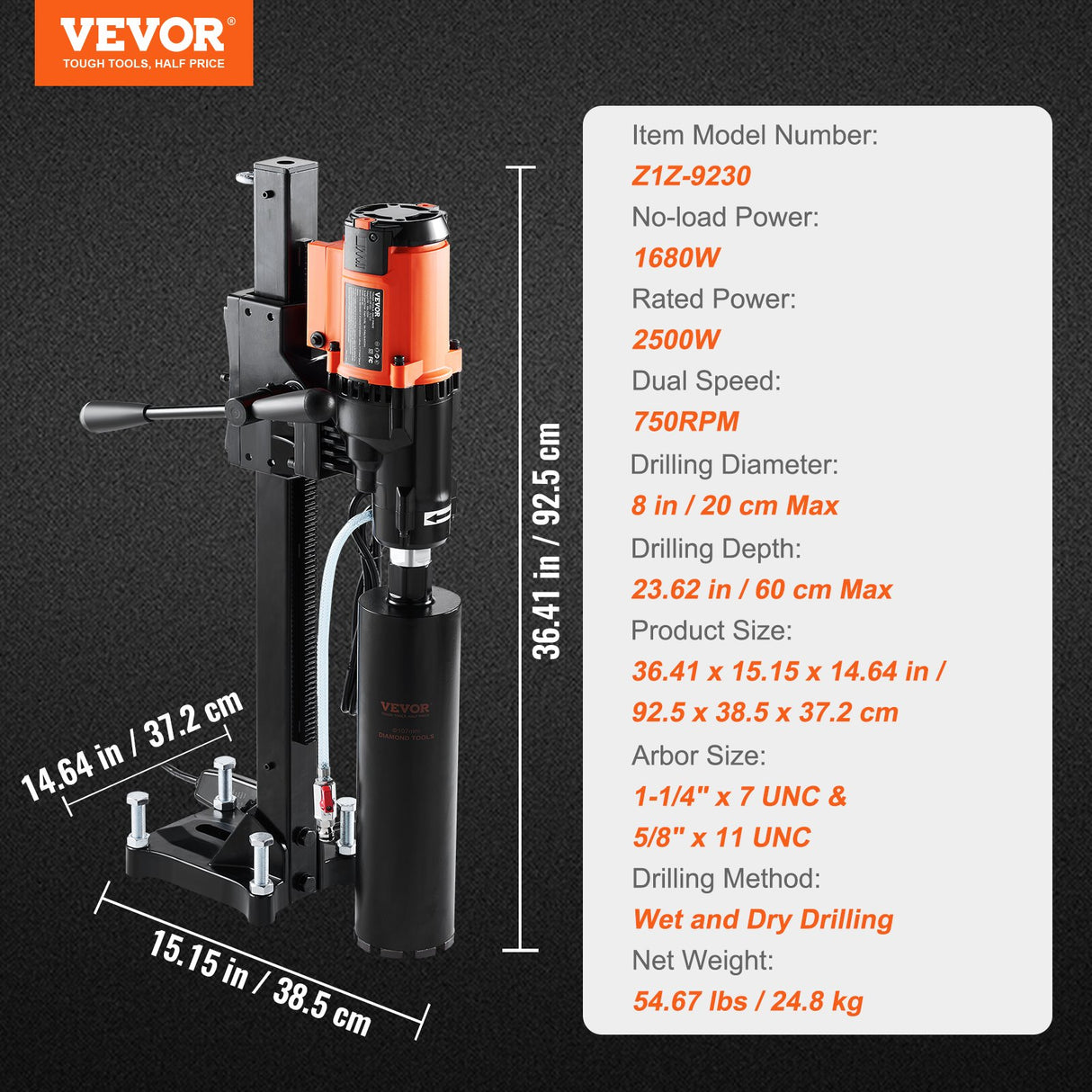 VEVOR Diamond Core Drilling Machine, 8in Wet&Dry Concrete Core Drill Rig with Stand, 750RPM Speed & 1-1/4" 5/8" Thread & Lifting Handle, 8in Drilling