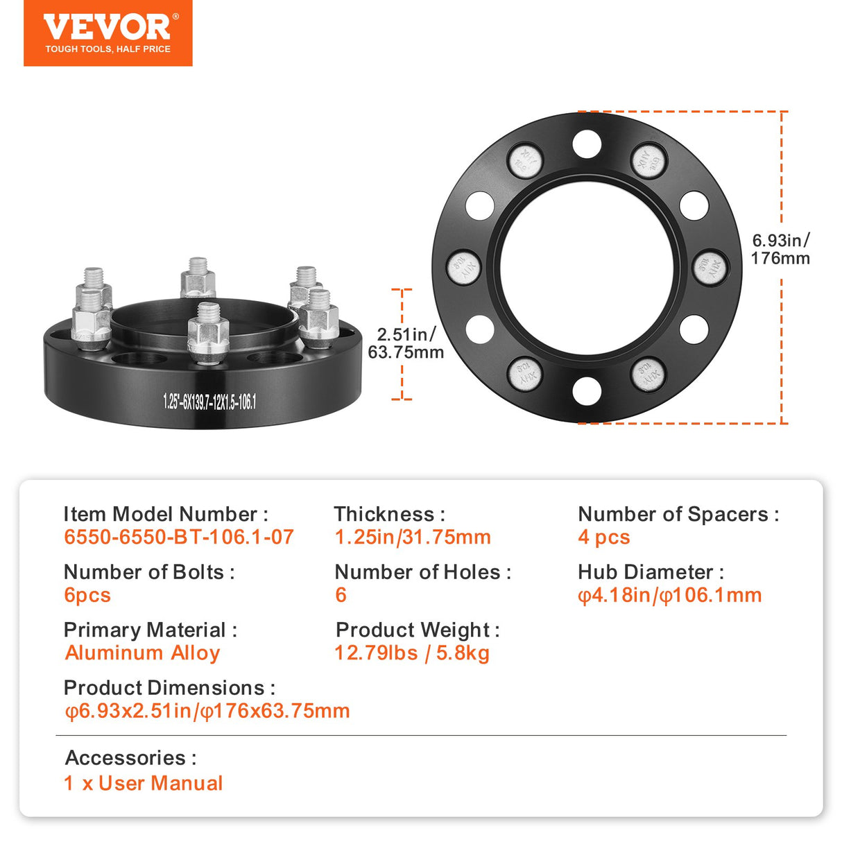 VEVOR 1.25" 6"x5" Wheel Spacers Wheel Adapters 6 Lug Forged Spacer 4 PCS Blue