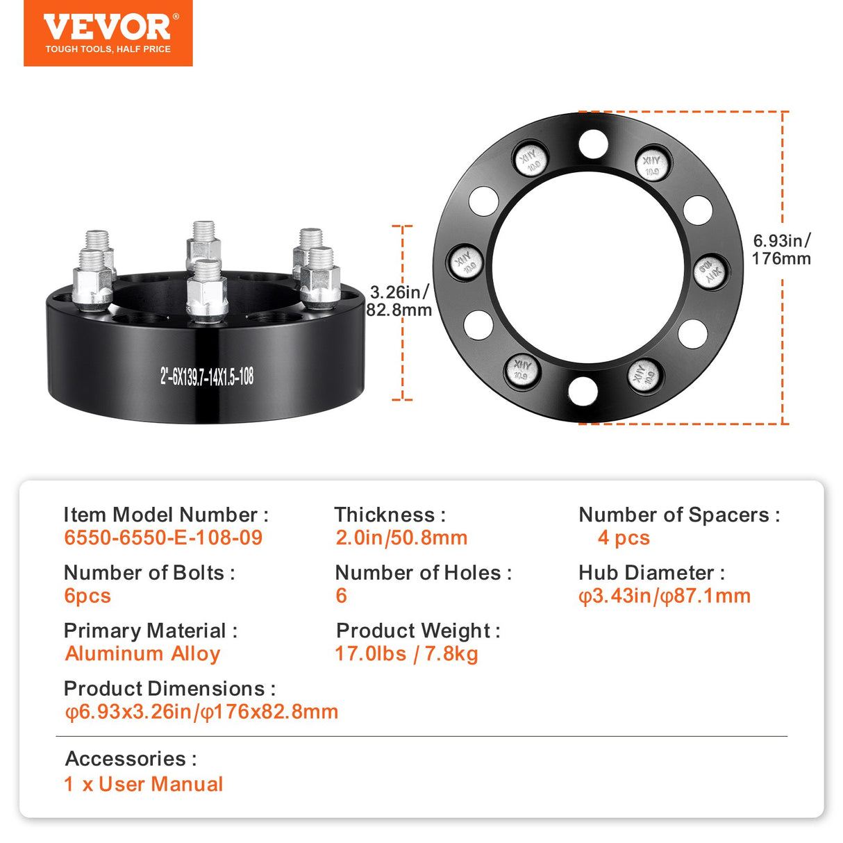 VEVOR 2" 6"x5.5" Wheel Spacers Wheel Adapters 6 Lug Forged Spacer 4 PCS Black