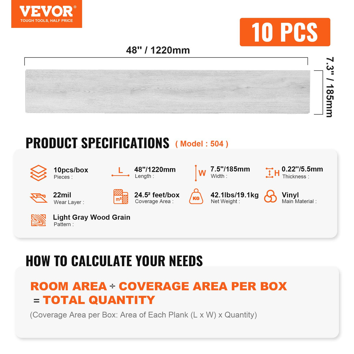 VEVOR Interlocking Vinyl Floor Tiles 48 x 7.3 inch, 10 Tiles 5.5mm Thick Snap Together, Light Gray Wood Grain DIY Flooring for Kitchen, Dining Room, Bedrooms & Bathrooms, Easy for Home Decor