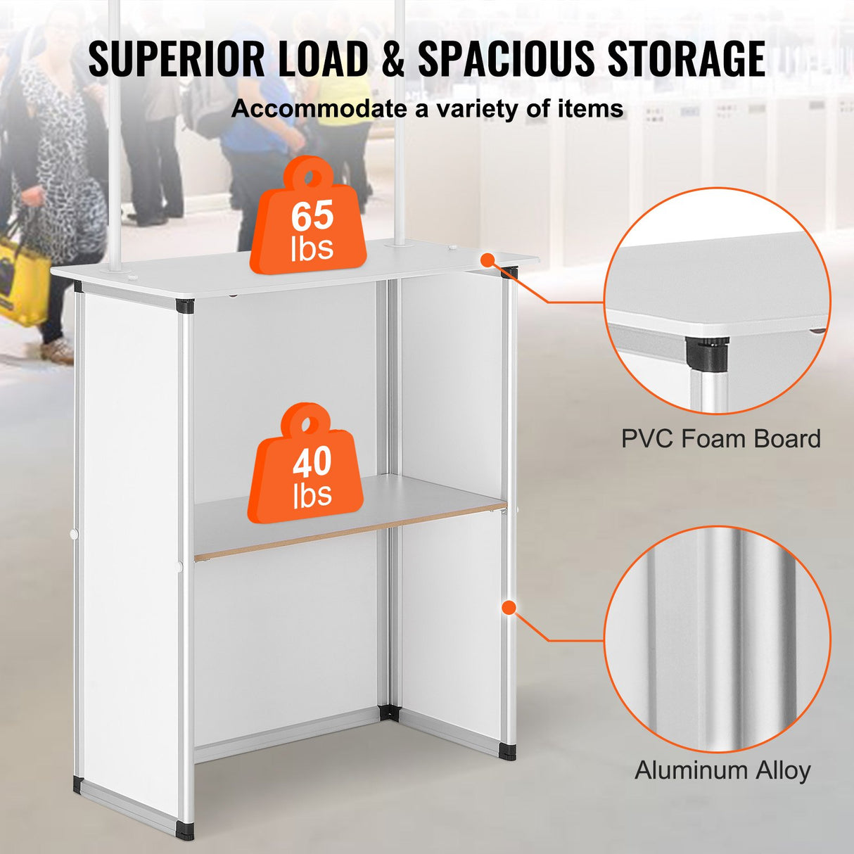 Portable Tradeshow Podium Table, 785 x 380 x 1815 mm, Display Exhibition Counter Stand Booth Fair with Wall, Foldable Promotion Retail Bar Table Pop Up Podium with Storage Rack/Carrying Bag