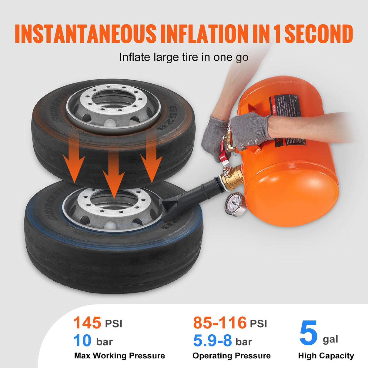 VEVOR Tire Bead Seater, 5 Gal/19L Air Tire Bead Blaster with Pressure Gauge & Handle, 145 PSI Seating Tool Inflator Tank, 85-116 PSI Operating Pressure for Car Truck ATV