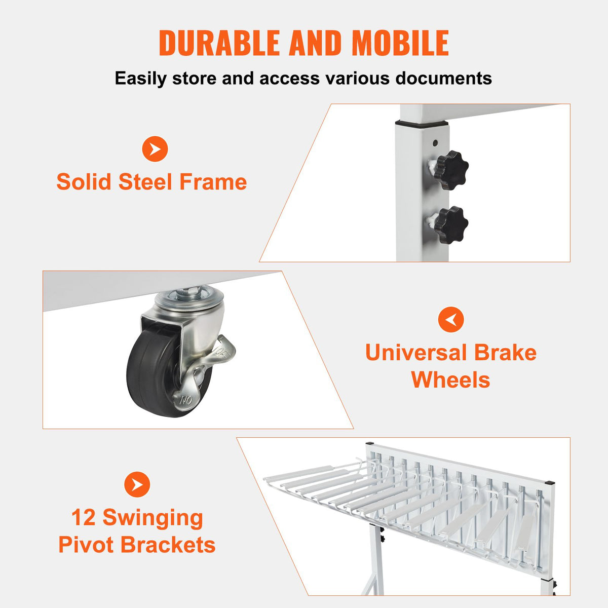 Mobile Blueprint Storage Rack, Plan Holder with 12 Pivot Brackets, Mobile Blueprint Holder Adjustable Height & Length, Poster Display Rack for Office and Home (Rack Only Without Clamps)