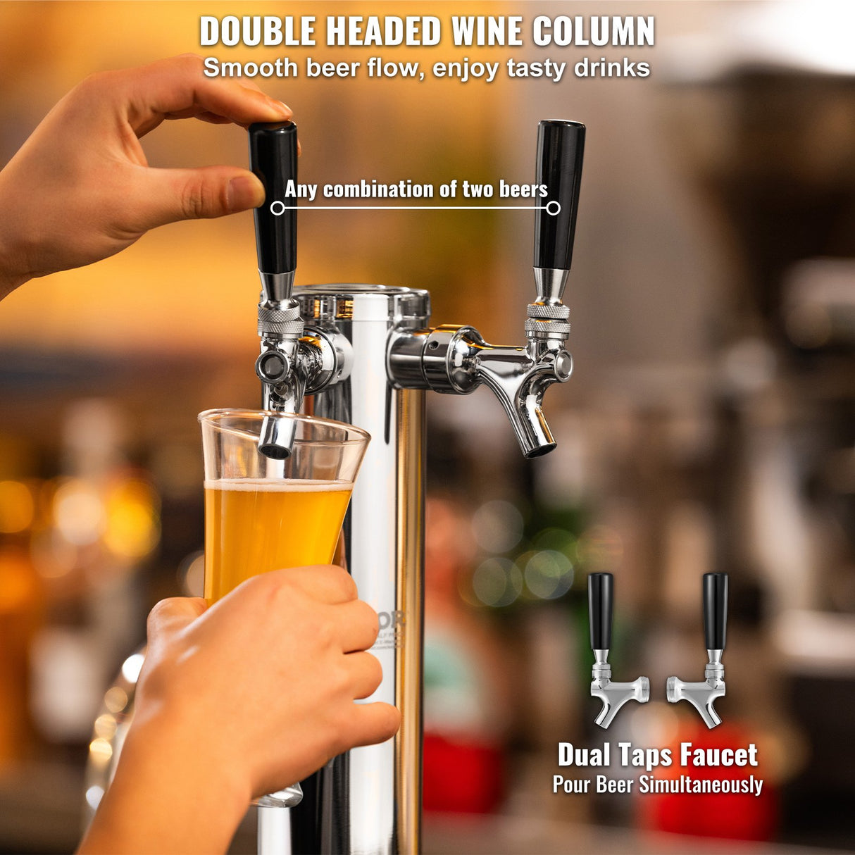 VEVOR Kegerator Tower Kit, Dual Taps Beer Conversion Kit, Stainless Steel Keg Beer Tower Dispenser with Dual Gauge W21.8 Regulator & A-System Keg