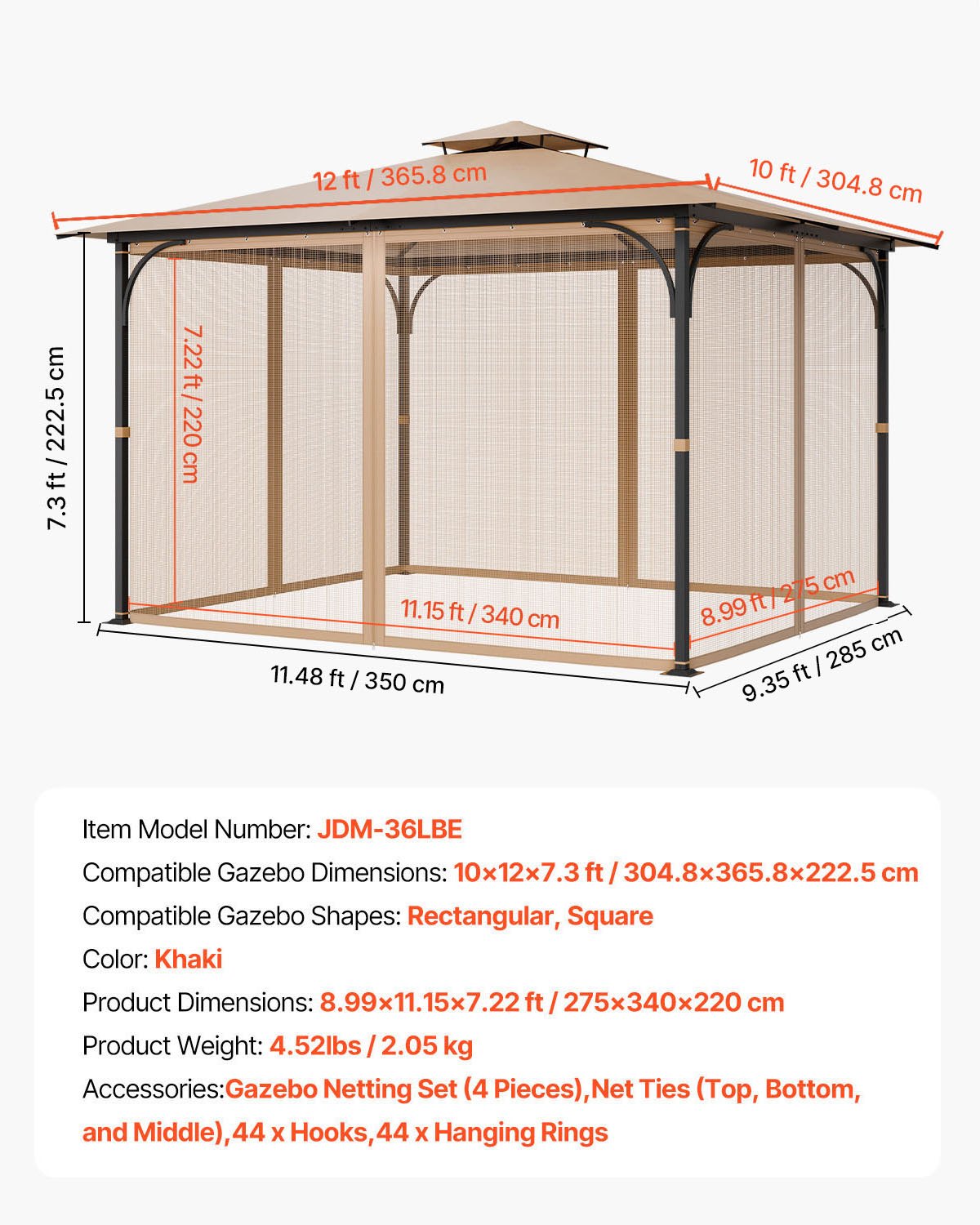 Gazebo Netting Replacement, Fit Most 10 x 12 x 7.3 FT Gazebo, Outdoor Garden Gazebo Net, 4-Panel Sidewall Mesh Gazebo Curtain, Patio Midge Netting with Double Zipper, Canopy Screen (Netting Only)