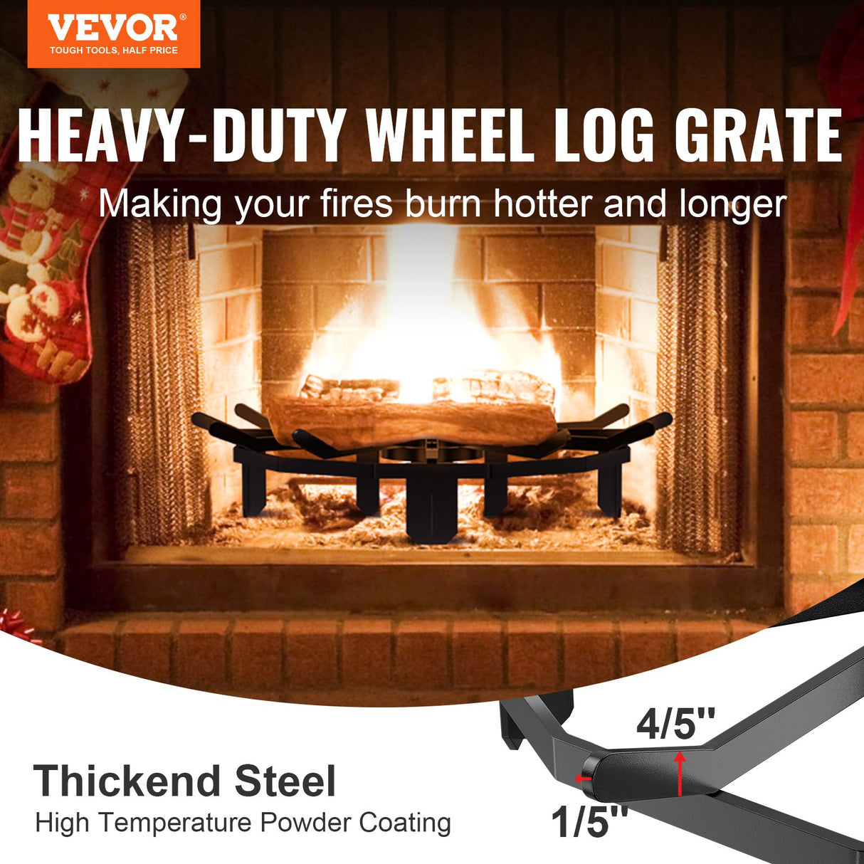 VEVOR Log Grate, 27 inch Heavy Duty Wheel Fire Grate with 6 Support Legs, Solid Powder-coated Steel Bars, Log Firewood Burning Rack Holder for Wood