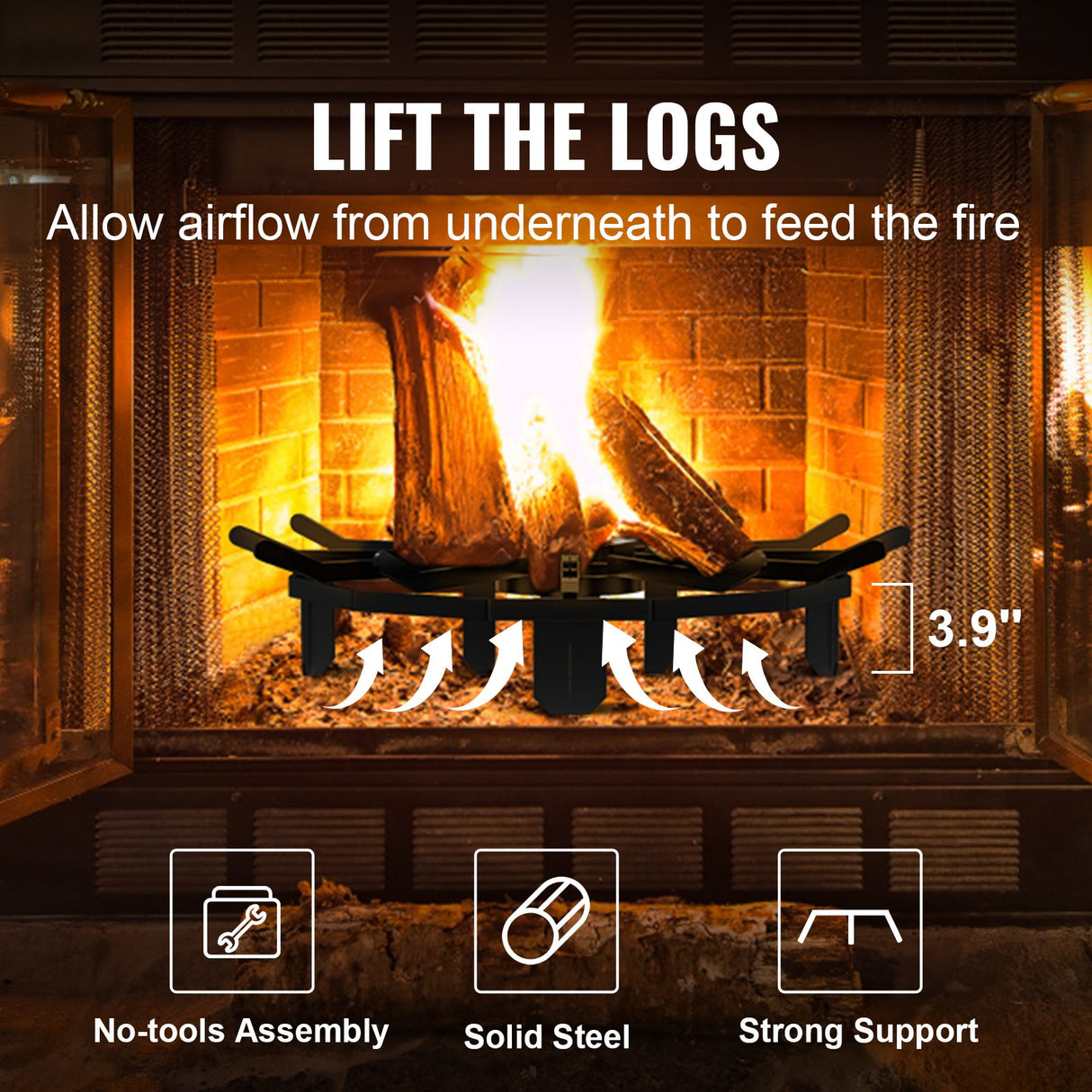 VEVOR Log Grate, 27 inch Heavy Duty Wheel Fire Grate with 6 Support Legs, Solid Powder-coated Steel Bars, Log Firewood Burning Rack Holder for Wood