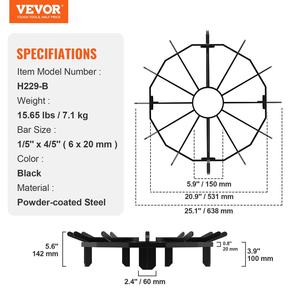 VEVOR Log Grate, 27 inch Heavy Duty Wheel Fire Grate with 6 Support Legs, Solid Powder-coated Steel Bars, Log Firewood Burning Rack Holder for Wood