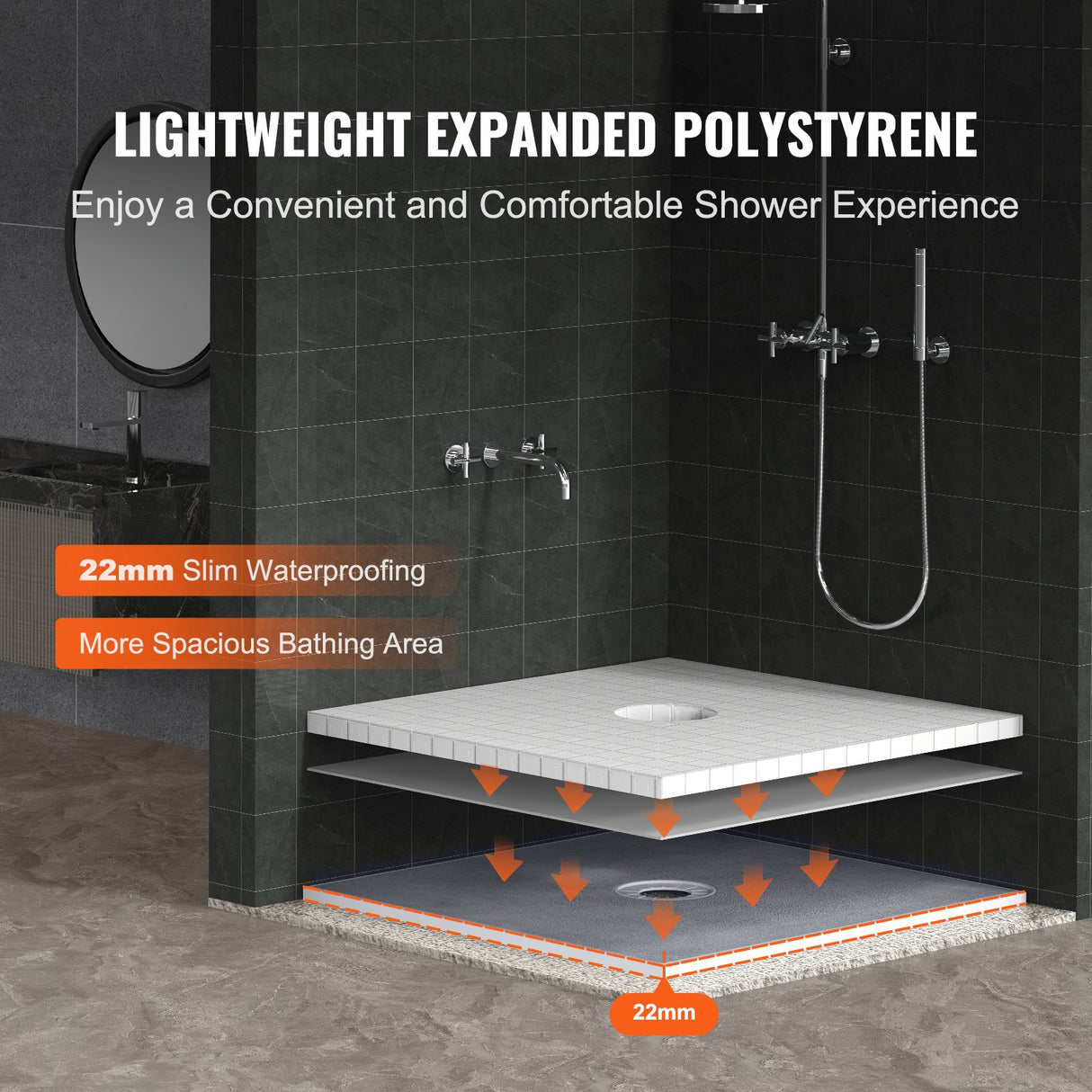 VEVOR Shower Curb Kit, 914x914mm Shower Pan Kit with 160mm Central Drain, Lightweight EPS Shower Installation Kits with 2 Waterproof Cloths, Shower