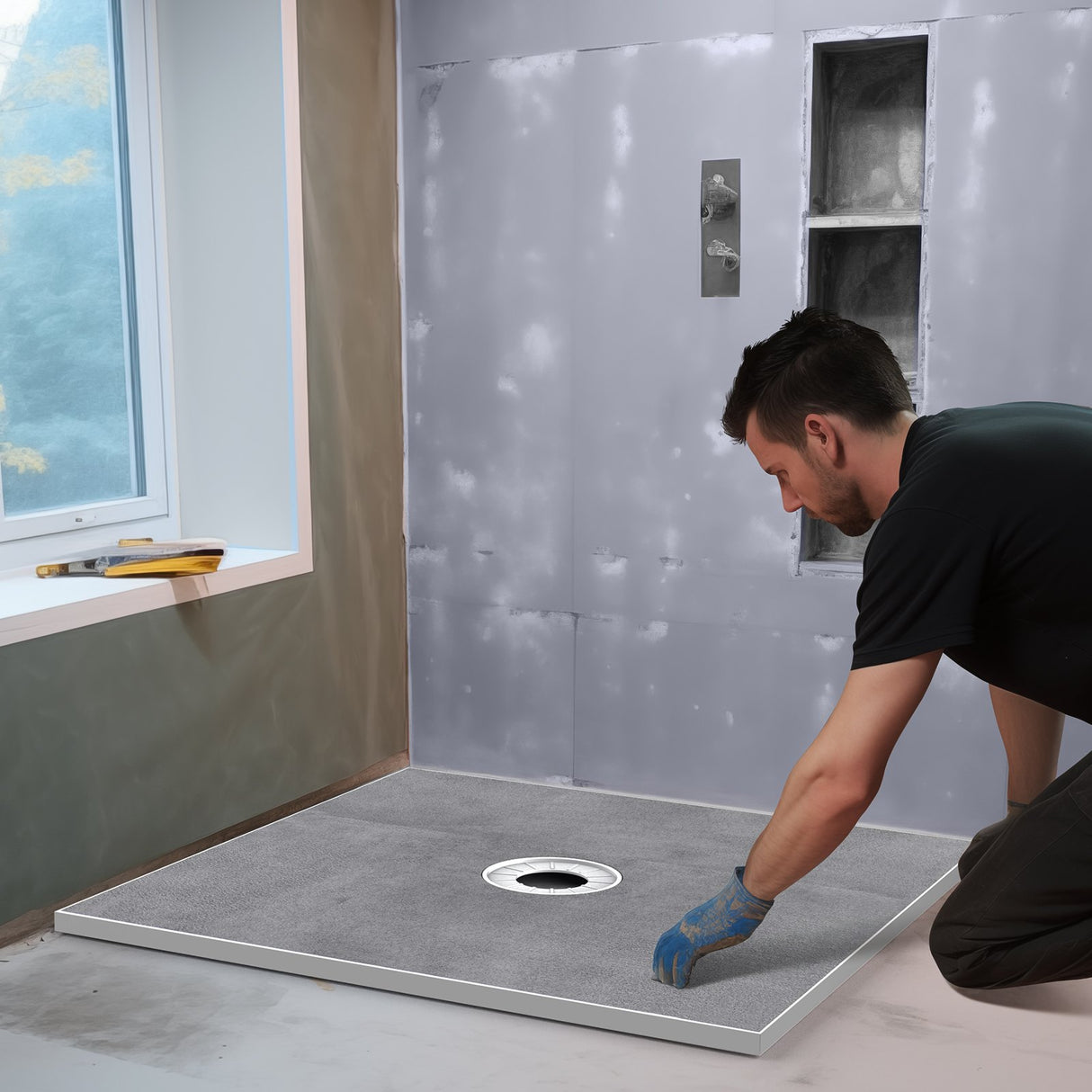 VEVOR Shower Curb Kit, 914x914mm Shower Pan Kit with 160mm Central Drain, Lightweight EPS Shower Installation Kits with 2 Waterproof Cloths, Shower