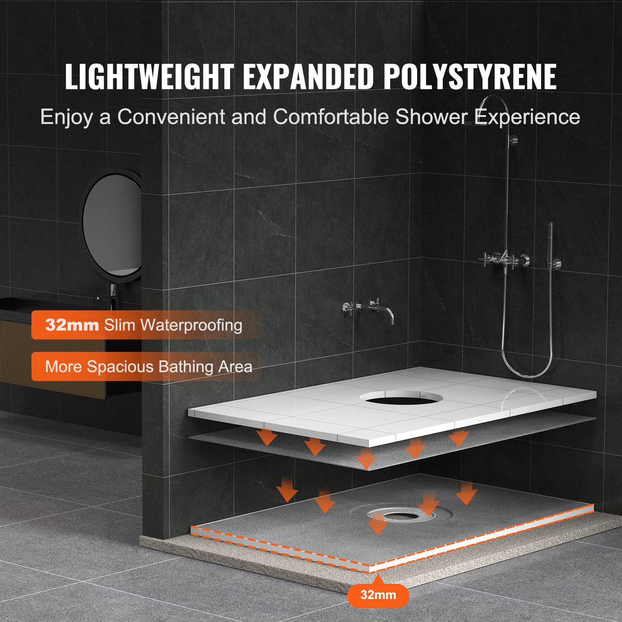 VEVOR Shower Curb Kit, 1219x1828mm Shower Pan Kit with 160mm Central Drain, Lightweight EPS Shower Installation Kits with 2 Waterproof Cloths, Shower