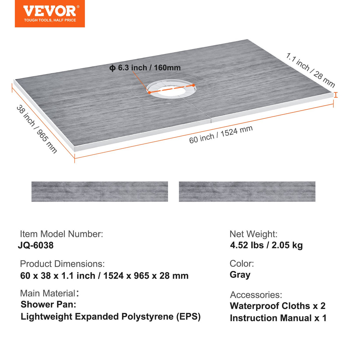 Shower Curb Kit, 1524x965mm Shower Pan Kit with 160mm Central Drain, Lightweight EPS Shower Installation Kits with 2 Waterproof Cloths, Shower Pan Slope Sticks Fit for Bathroom