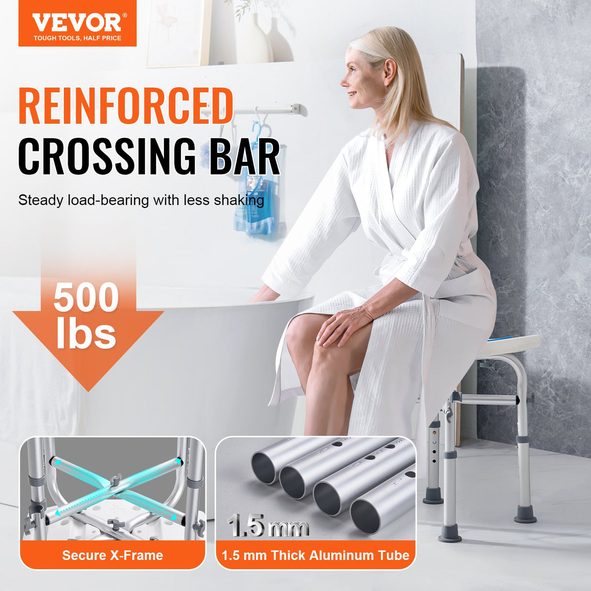 VEVOR Shower Chair, Adjustable Height Shower Stool with Crossbar Support, Shower Seat for Inside Shower or Tub, Non-Slip Bench Bathtub Stool Seat for Elderly Disabled Handicap, 226.8 kg Capacity