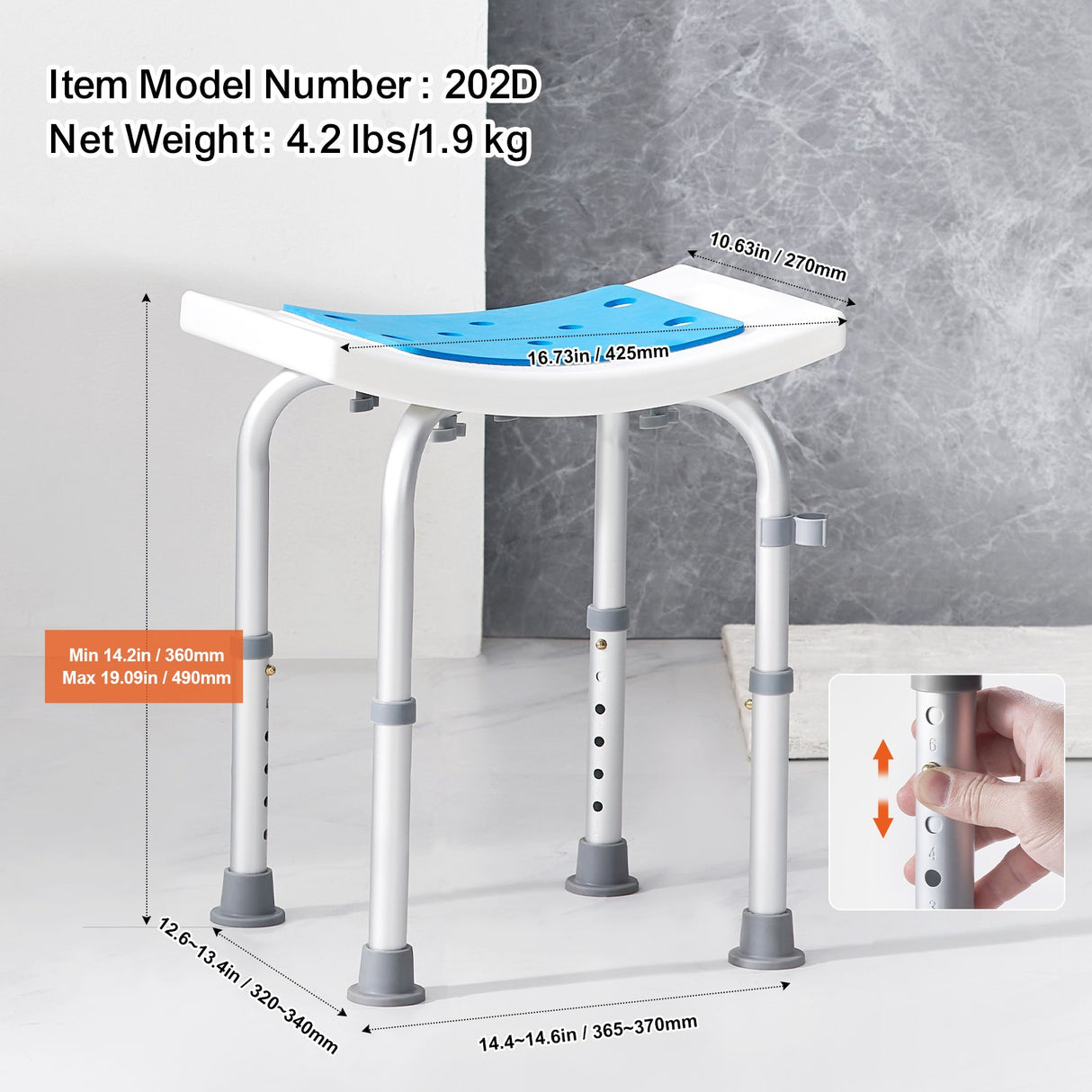 VEVOR Shower Chair, Adjustable Height Shower Stool, Shower Seat for Inside Shower or Tub, Non-Slip Bench Bathtub Stool Seat for Elderly Disabled Handicap, 158.8 kg Capacity