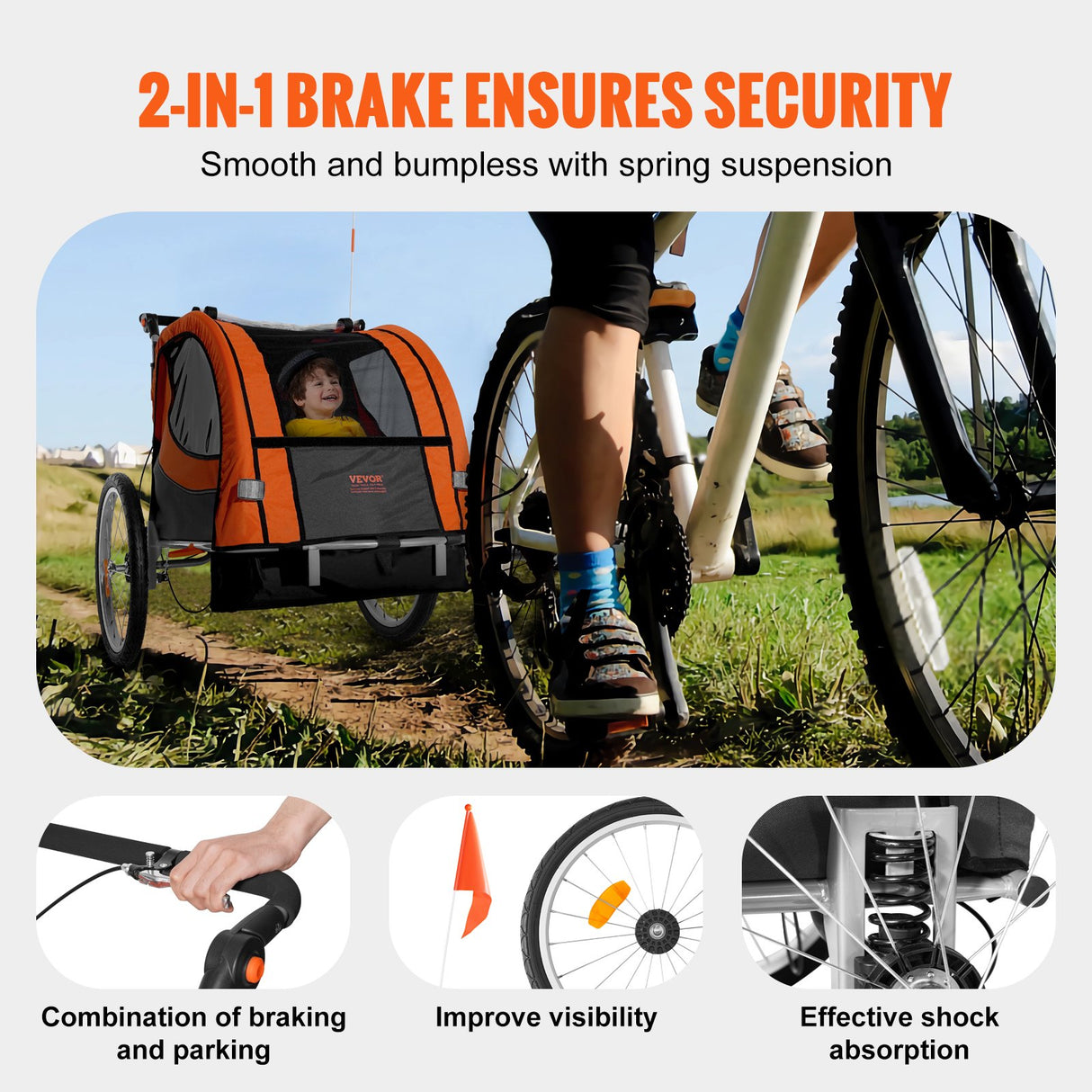 VEVOR Bike Trailer for Toddlers, Kids, Double Seat, 40 kg Load, 2-In-1 Canopy Carrier Converts to Stroller, Tow Behind Foldable Child Bicycle Trailer with Universal Bicycle Coupler, Orange and Gray