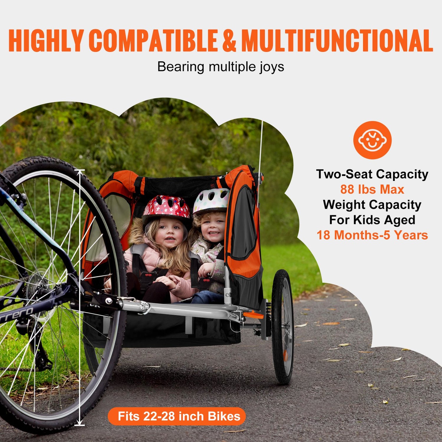 VEVOR Bike Trailer for Toddlers, Kids, Double Seat, 40 kg Load, 2-In-1 Canopy Carrier Converts to Stroller, Tow Behind Foldable Child Bicycle Trailer with Universal Bicycle Coupler, Orange and Gray