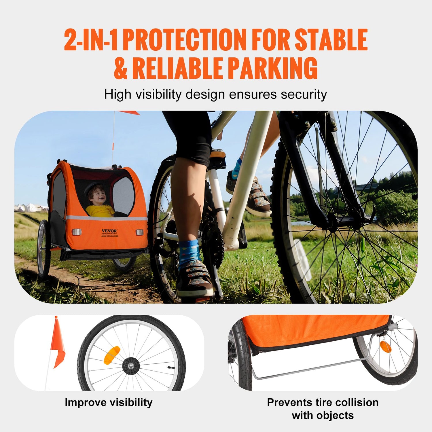 VEVOR Bike Trailer for Toddlers, Kids, Double Seat, 45 kg Load, 2-In-1 Canopy Carrier Converts to Stroller, Tow Behind Foldable Child Bicycle Trailer with Universal Bicycle Coupler, Orange and Gray
