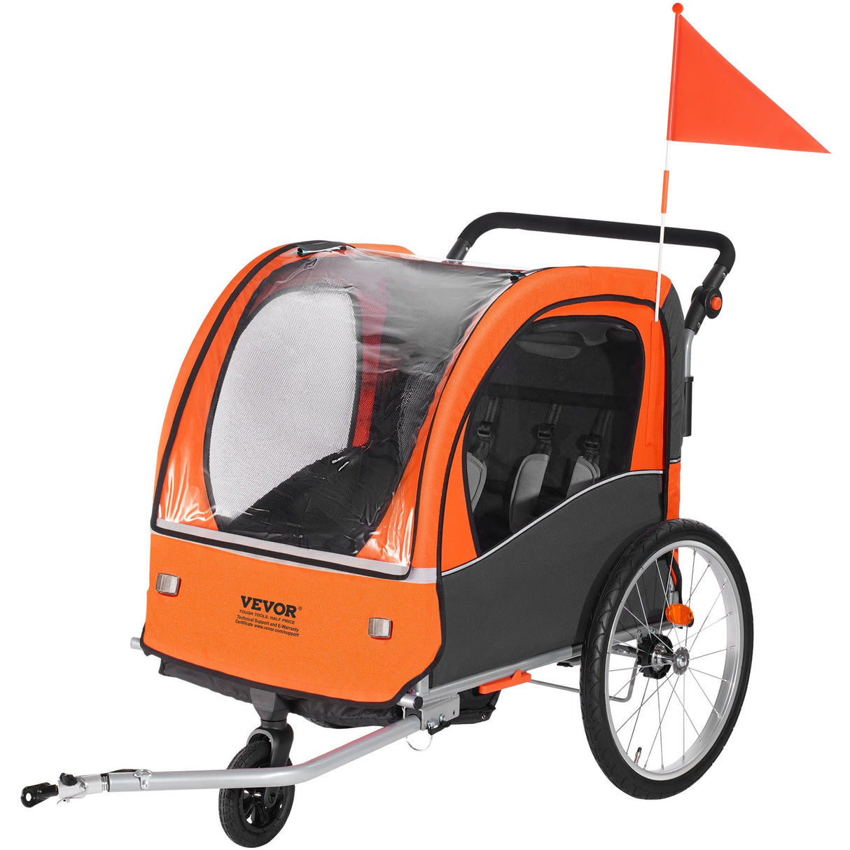 VEVOR Bike Trailer for Toddlers, Kids, Double Seat, 45 kg Load, 2-In-1 Canopy Carrier Converts to Stroller, Tow Behind Foldable Child Bicycle Trailer with Universal Bicycle Coupler, Orange and Gray