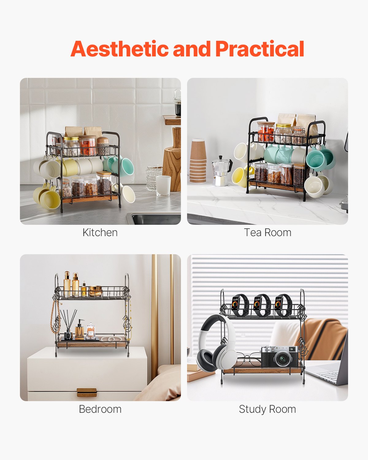 VEVOR 2 Tier Coffee Bar Organizer for Countertop w/ 12 Movable Hooks Mug Holder