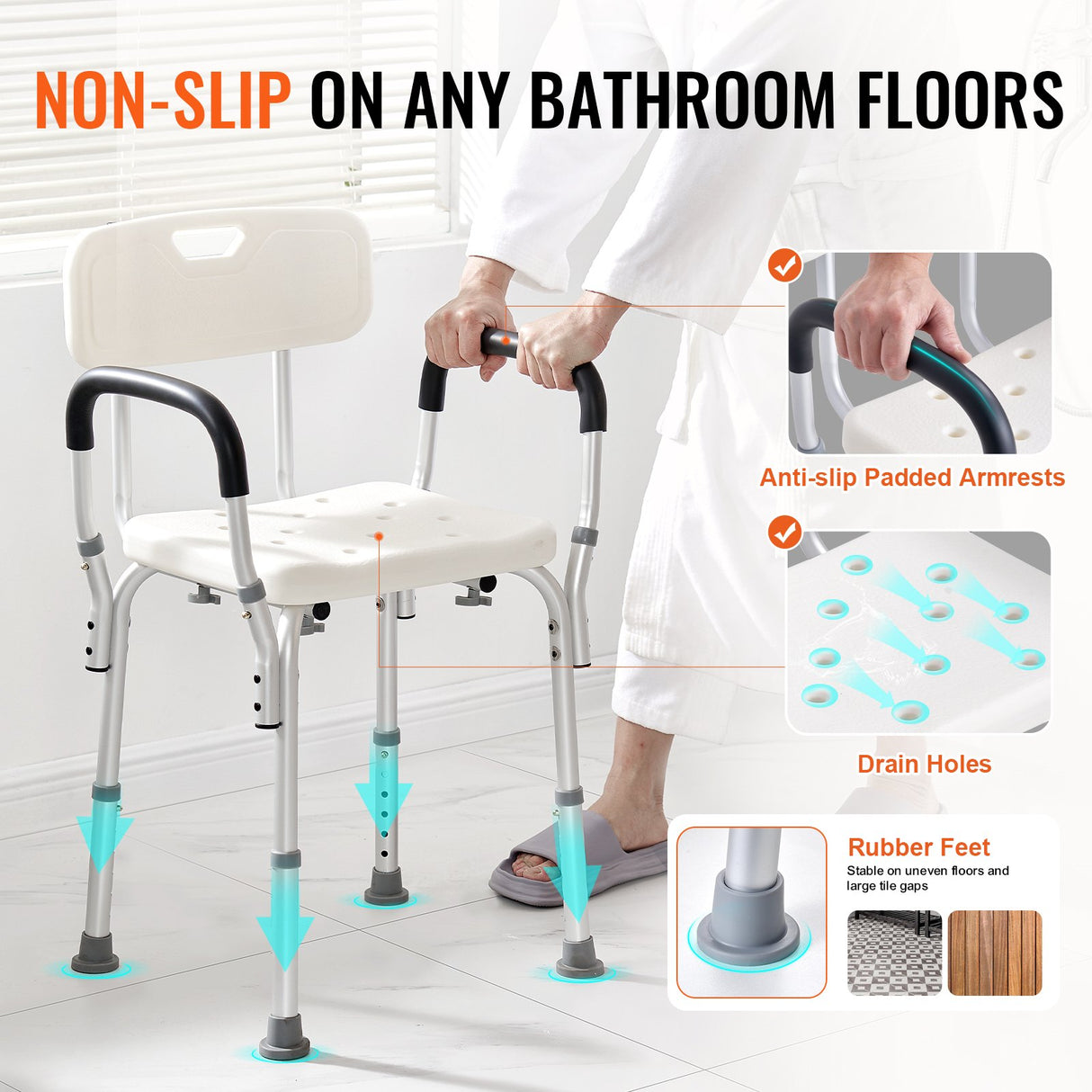 VEVOR Shower Chair, Shower Seat with Back, Adjustable Height Shower Stool, Shower Chair for Inside Shower Bathtub, Non-slip Bathroom Bench Bath Chair for Elderly Disabled Handicap, 158.8 kg Capacity