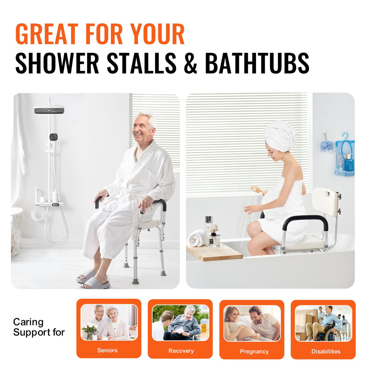 VEVOR Shower Chair, Shower Seat with Back, Adjustable Height Shower Stool, Shower Chair for Inside Shower Bathtub, Non-slip Bathroom Bench Bath Chair for Elderly Disabled Handicap, 158.8 kg Capacity