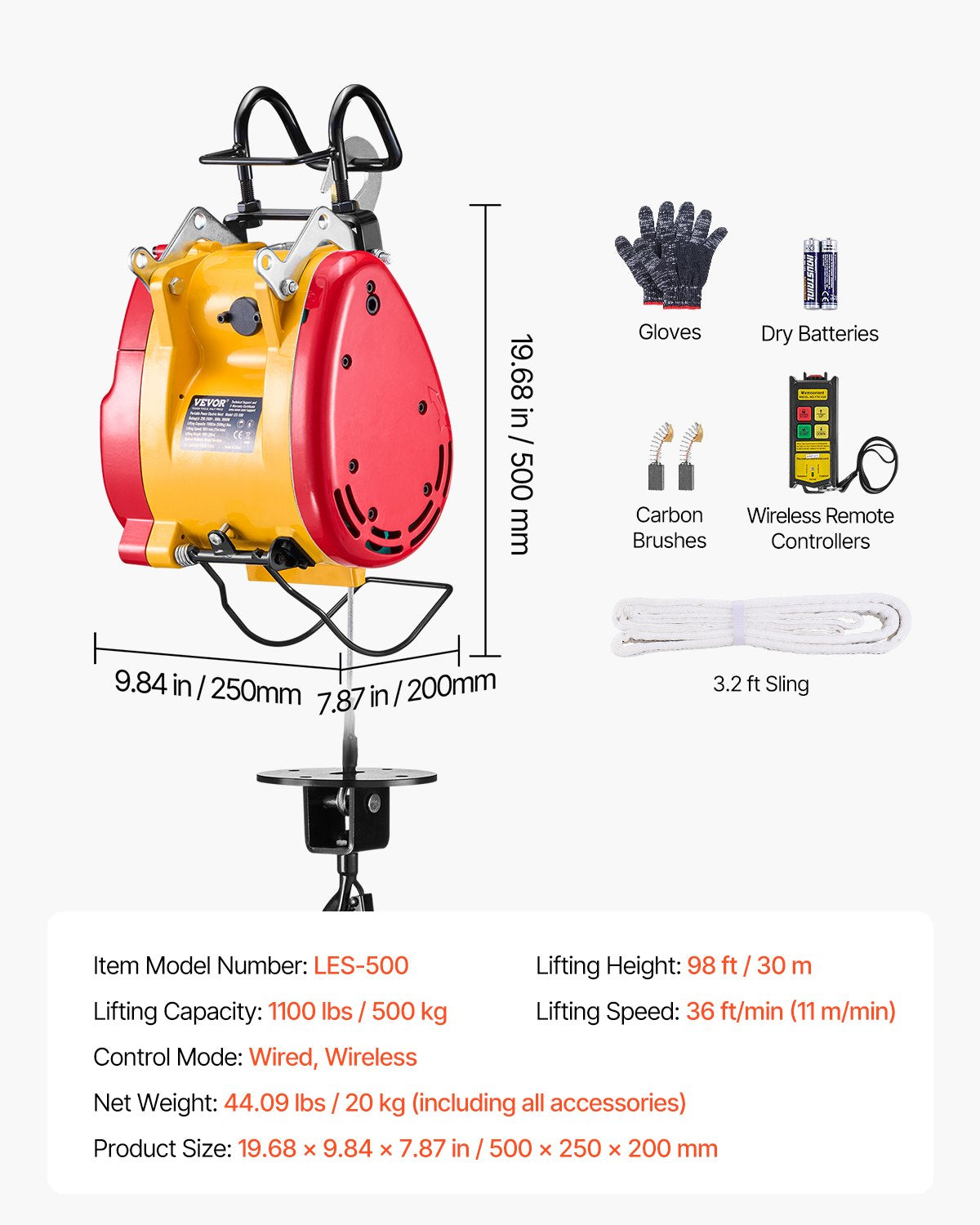 2-in-1 Electric Hoist Winch, 500 KG Capacity, 1800W Portable Power Winch, 30 m Lifting Height, 11 m/min with Wire and Wireless Remote Control, for Garage, Warehouse, Factory Lifting Towing