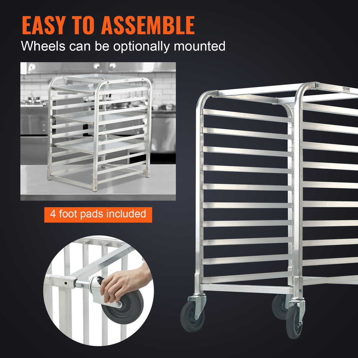 VEVOR Bun Pan Rack, 10-Tier Commercial Bakery Racks with Brake Wheels, Aluminum Racking Trolley Storage for Half & Full Sheet, Speed Rack For Kitchen Home, Bread Baking Equipment, 660x515x985 mm