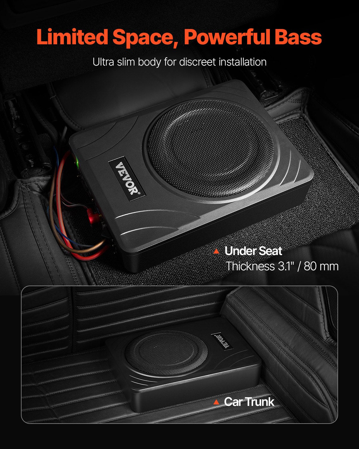 VEVOR 8" 300W Under Seat Car Subwoofer Slim Powered Car/Truck Subwoofer System