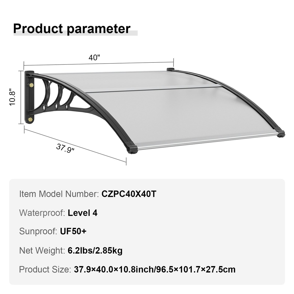 VEVOR Window Door Awning Canopy 40" x 40", UPF 50+ Polycarbonate Entry Door Outdoor Window Awning Exterior, Front Door Overhang Awning for Sun Shutter