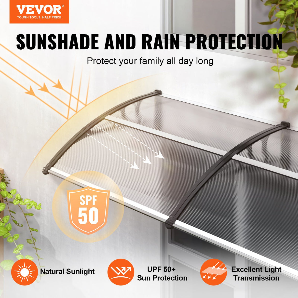 VEVOR Window Door Awning Canopy 965 x 1987 mm, UPF 50+ Polycarbonate Entry Door Outdoor Window Awning Exterior, Front Door Overhang Awning for Sun Shutter, UV, Rain, Snow Protection, Hollow Sheet