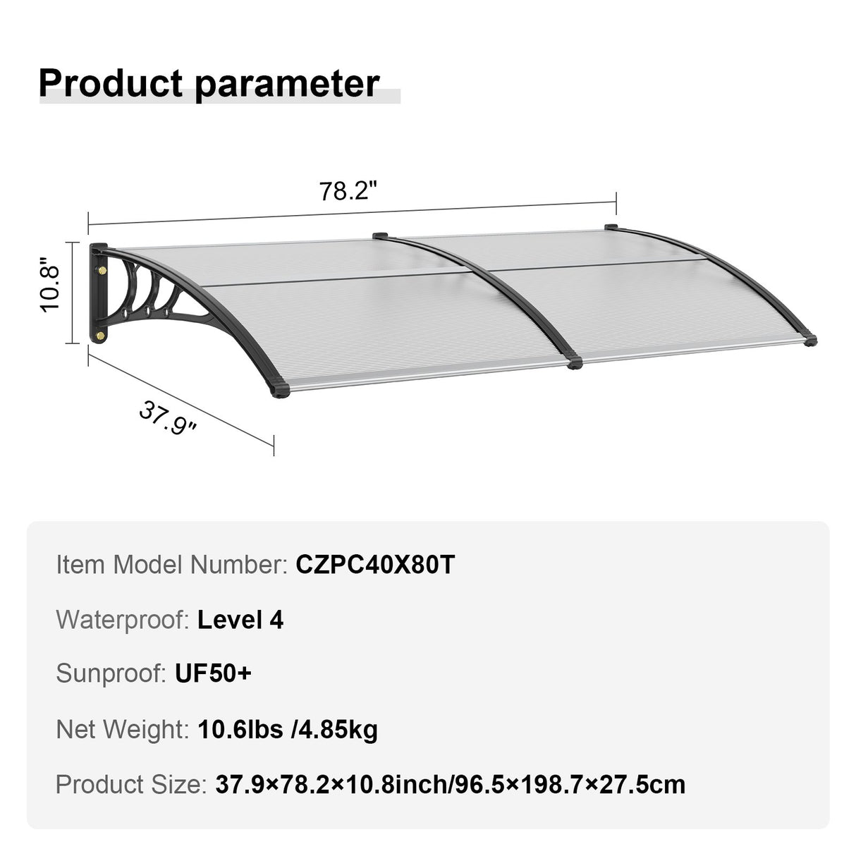 VEVOR Window Door Awning Canopy 965 x 1987 mm, UPF 50+ Polycarbonate Entry Door Outdoor Window Awning Exterior, Front Door Overhang Awning for Sun
