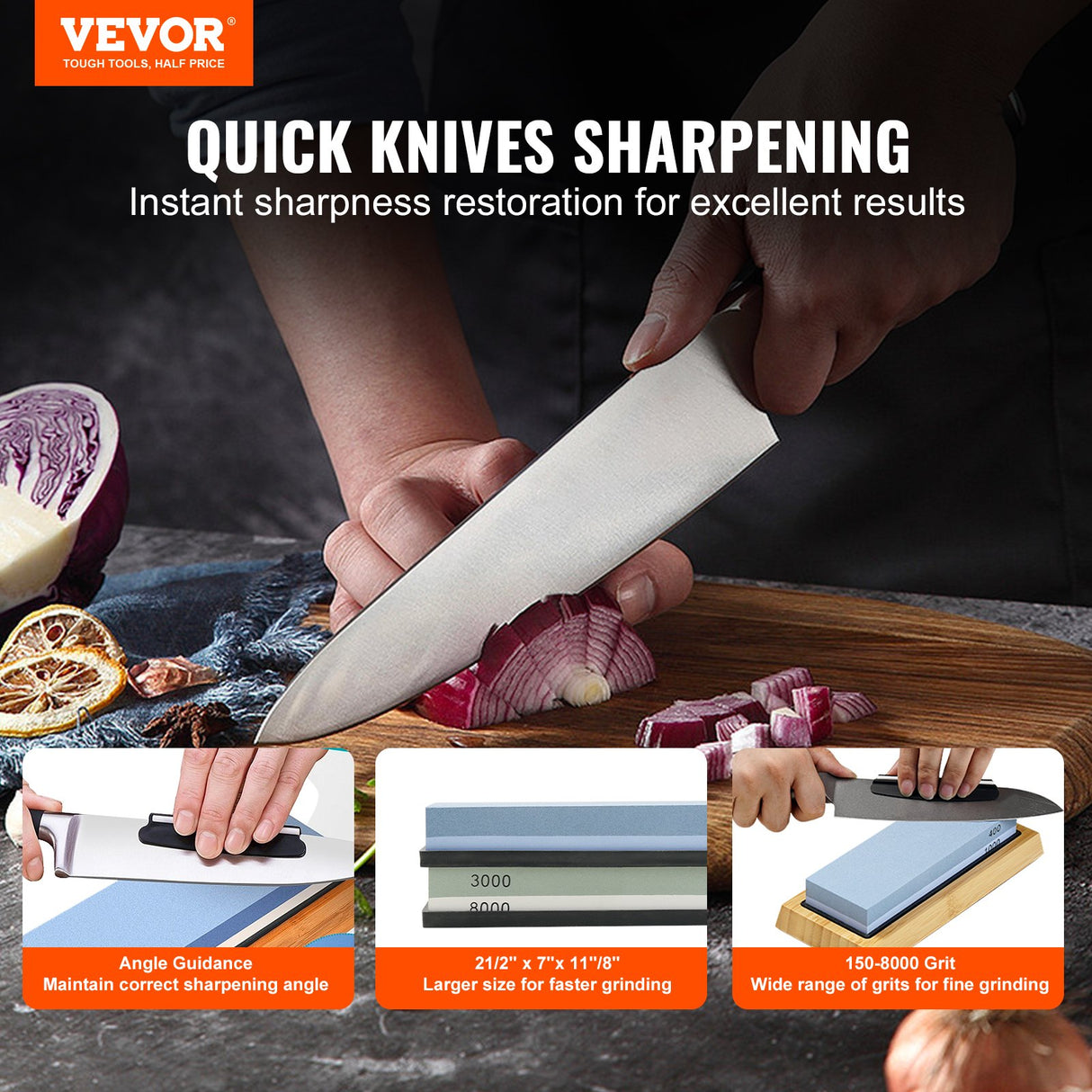 VEVOR Whetstone Knife Sharpening Kit, 2 Dual-Sided Grit Whetstones 400/1000 3000/8000, 10PCS Knife Sharpener Kit with 3 Non-Slip Bases, Angle & Honing Guide, Flattening Stone for All Knives, Scissors